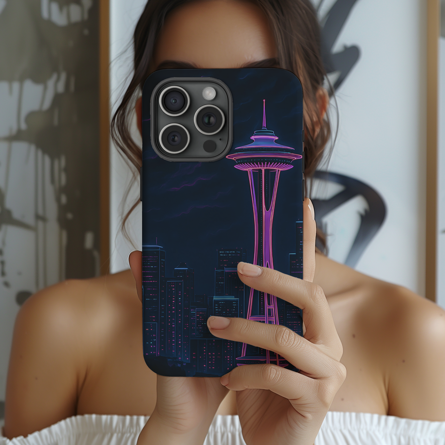Neon Seattle cityscape phone case featuring futuristic glowing Space Needle and night skyline art for travelers and city lovers.
