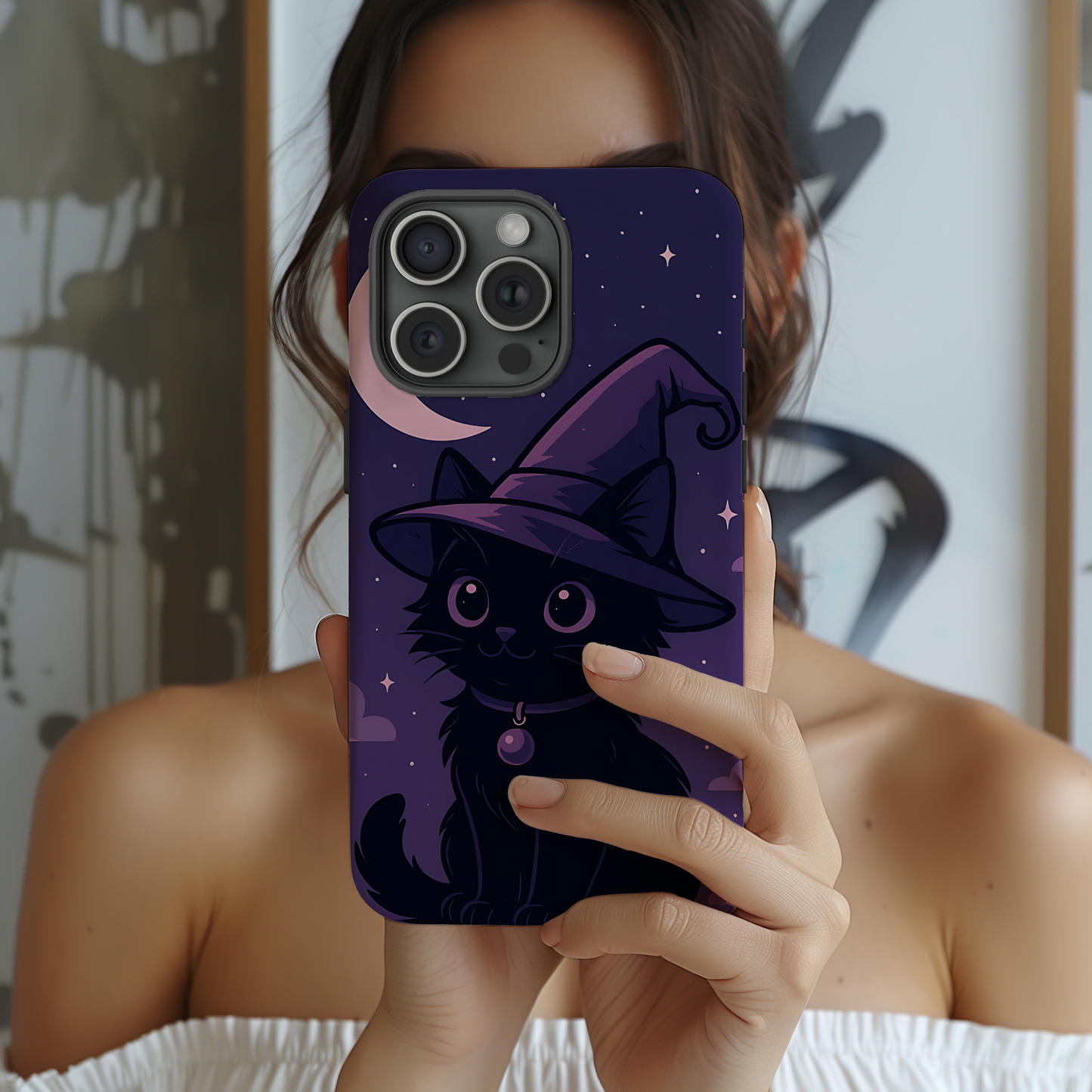 Witchy Black Cat Tough Phone Case - Pastel Goth Halloween Aesthetic, Magical Night Sky Design, Compatible with iPhone, Galaxy, and Google