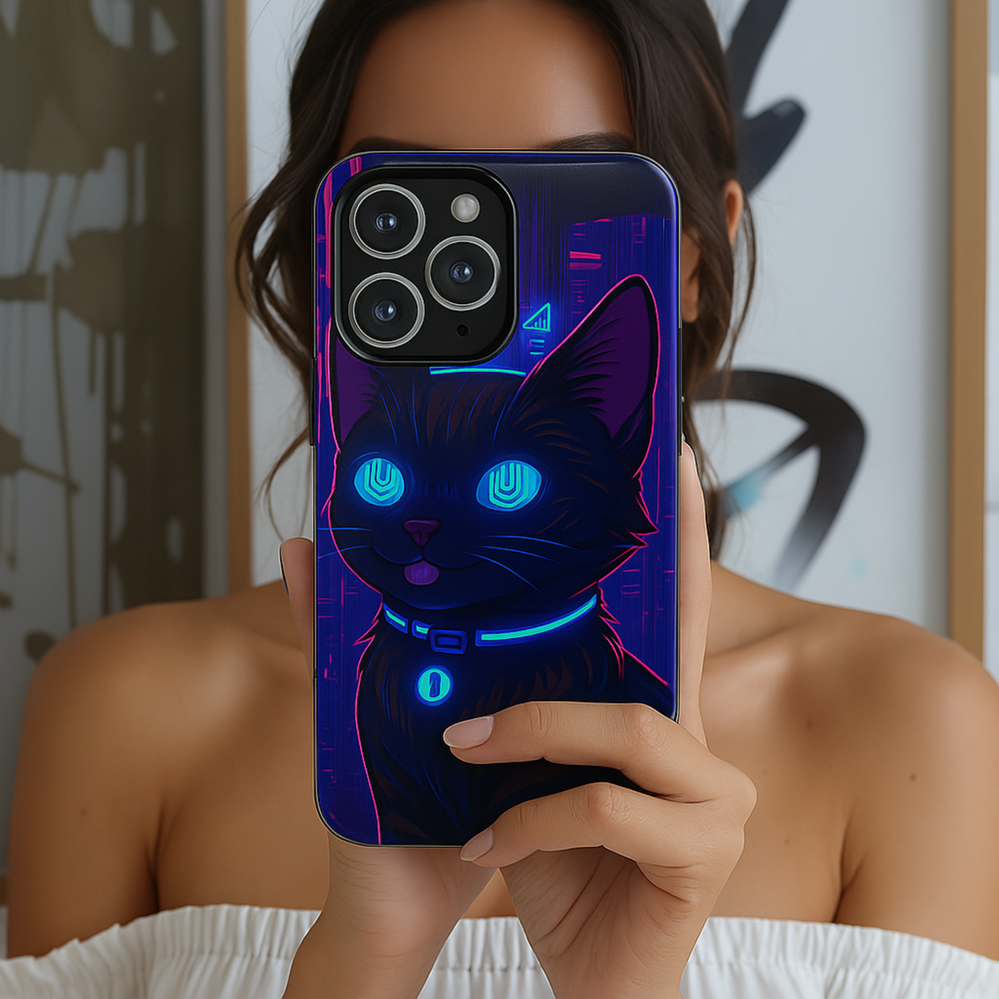 Cyberpunk Cat Tough Phone Case - Vaporwave Anime Kitty Design, Futuristic Neon Aesthetic, Compatible with iPhone, Galaxy, and Google Phones