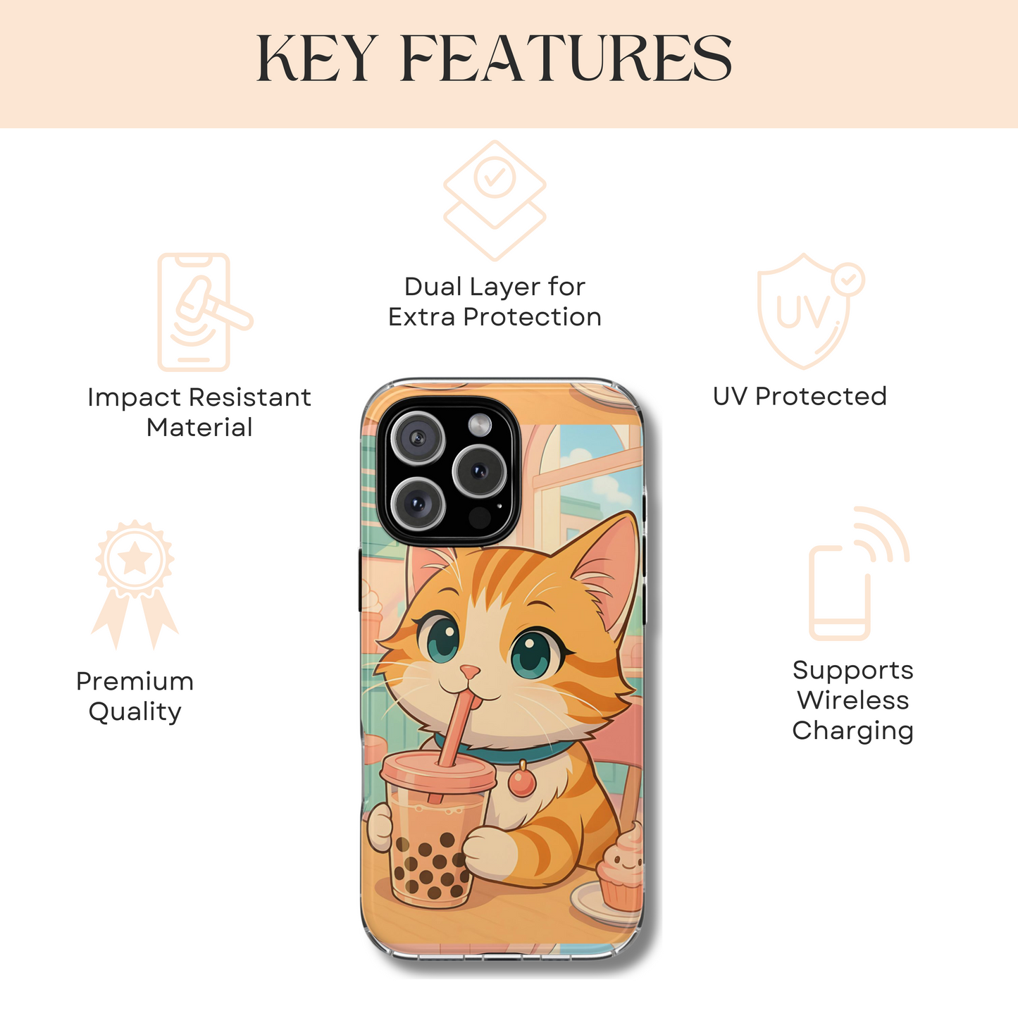 Boba Cat Tough Phone Case - Kawaii Bubble Tea Anime Kitty, Pastel Cafe Aesthetic Gift, Compatible with iPhone, Galaxy, and Google Phones