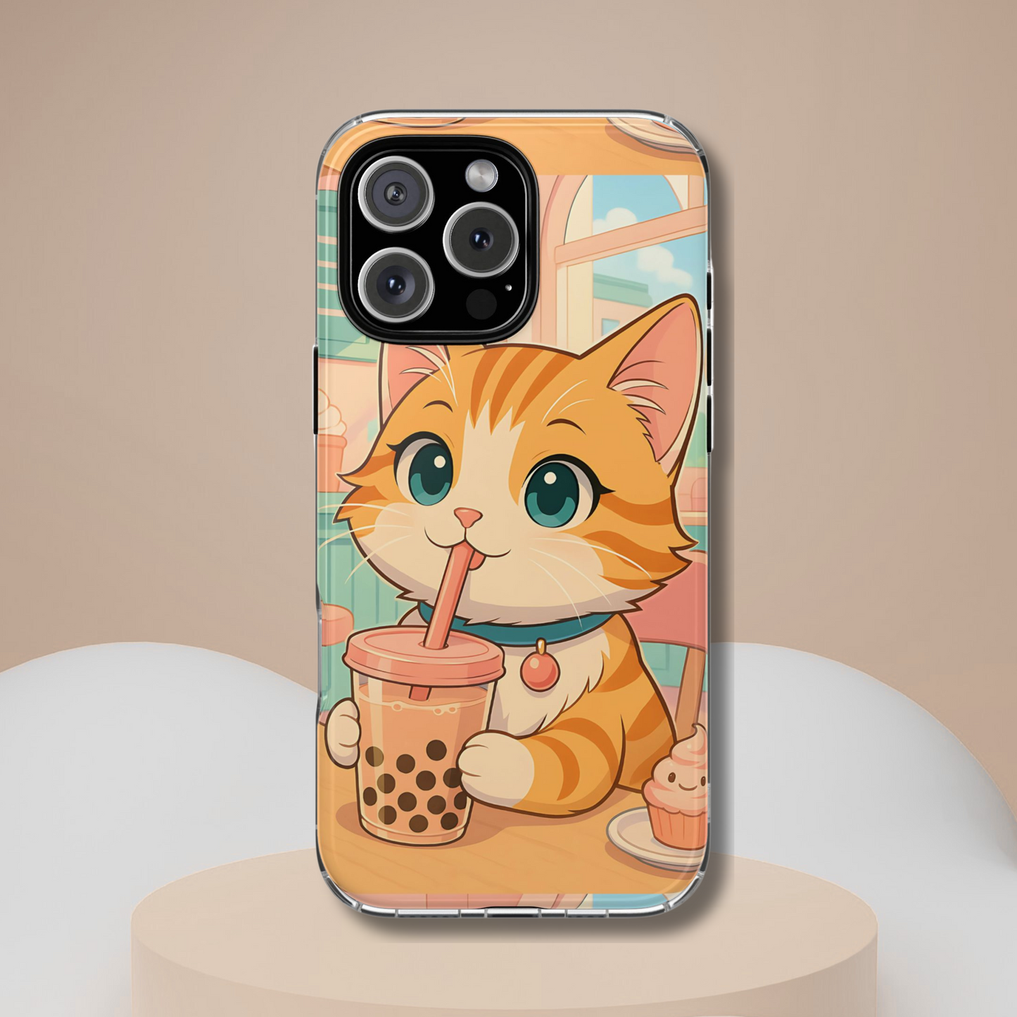 Boba Cat Tough Phone Case - Kawaii Bubble Tea Anime Kitty, Pastel Cafe Aesthetic Gift, Compatible with iPhone, Galaxy, and Google Phones