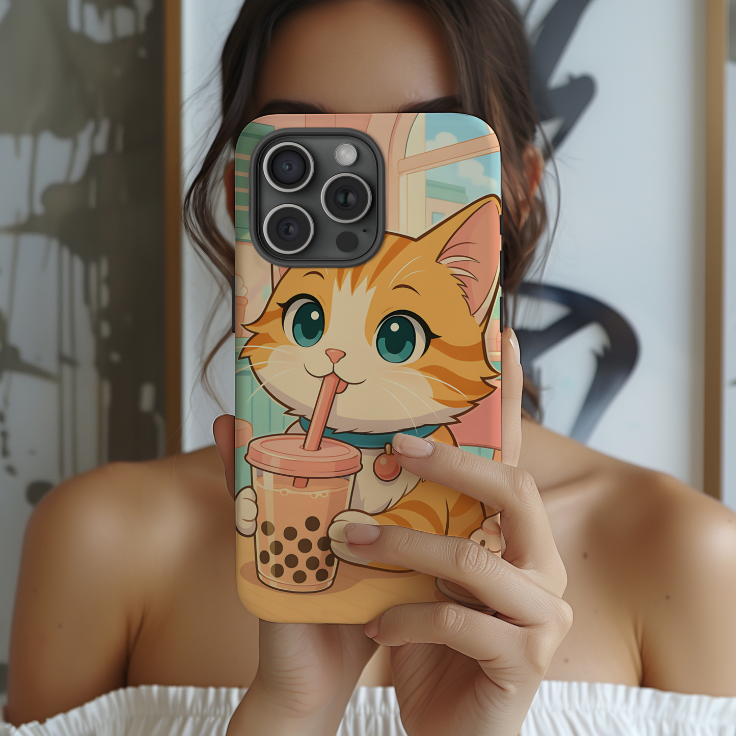 Boba Cat Tough Phone Case - Kawaii Bubble Tea Anime Kitty, Pastel Cafe Aesthetic Gift, Compatible with iPhone, Galaxy, and Google Phones