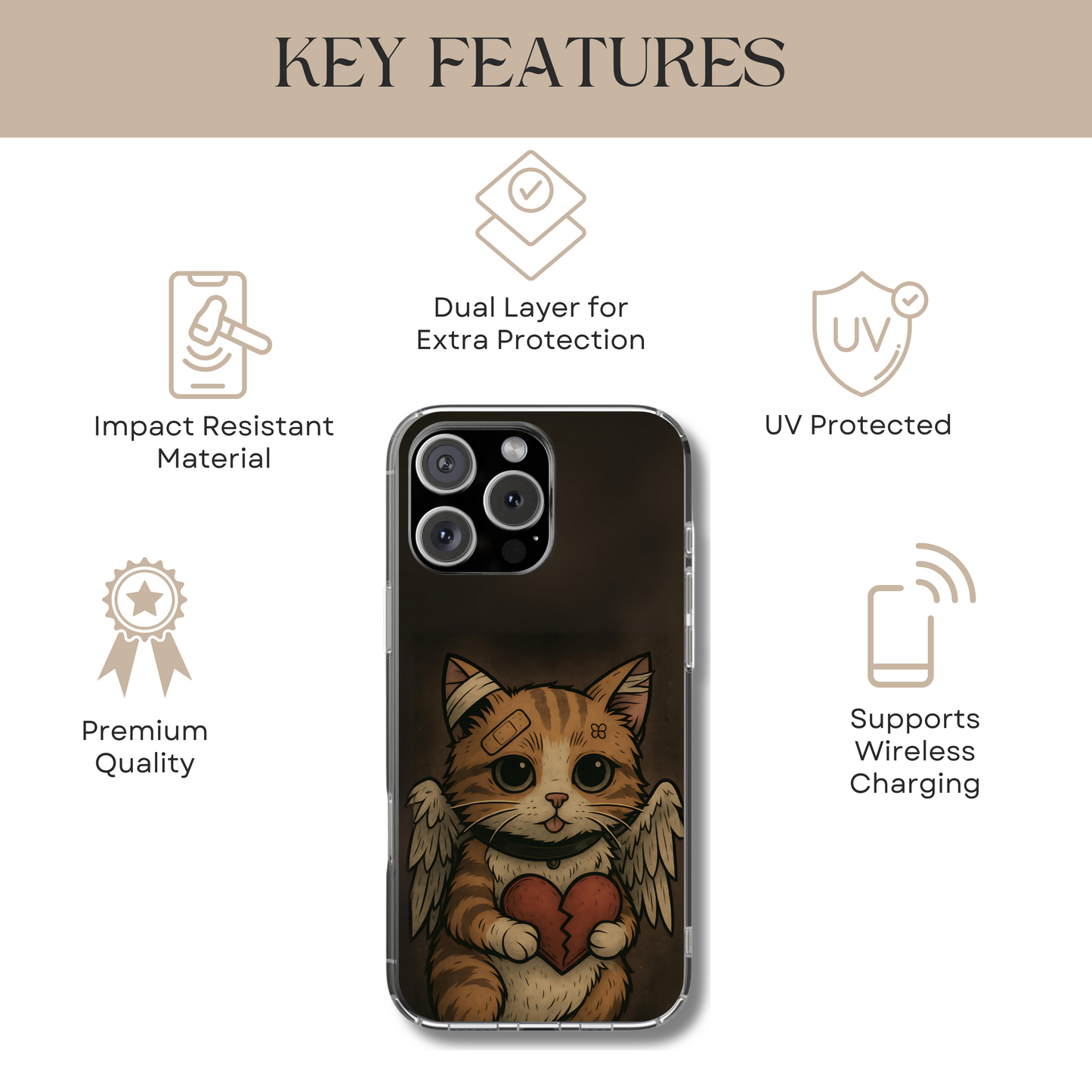 Emo Angel Cat Phone Case - Broken Heart Soft Grunge Aesthetic, Gothic Kitty Art Tough Phone Case, Compatible with iPhone, Galaxy, Google