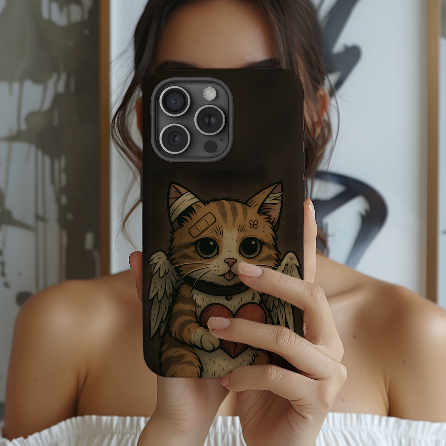 Emo Angel Cat Phone Case - Broken Heart Soft Grunge Aesthetic, Gothic Kitty Art Tough Phone Case, Compatible with iPhone, Galaxy, Google