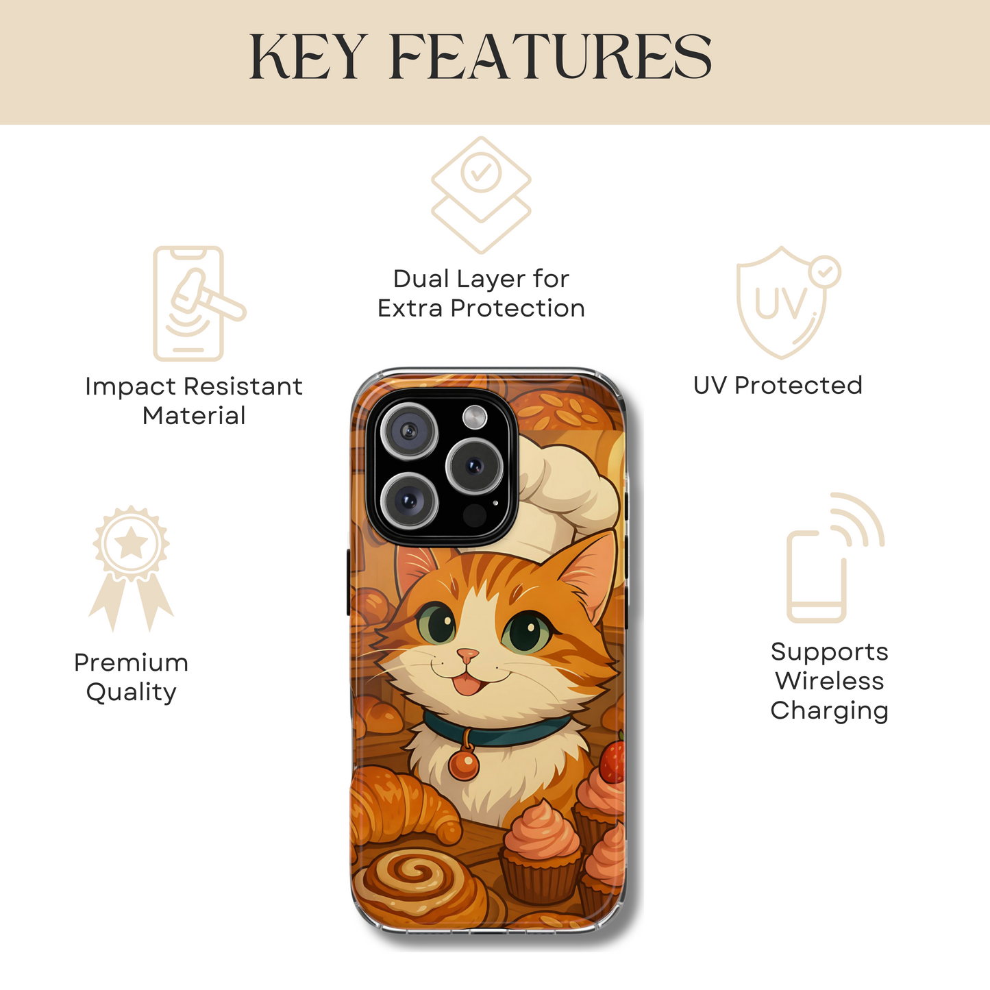 Bakery Cat Phone Case - Kawaii Pastry Chef Kitty, Cute Foodie Aesthetic Tough Phone Case, Compatible with iPhone, Galaxy, Google Phones