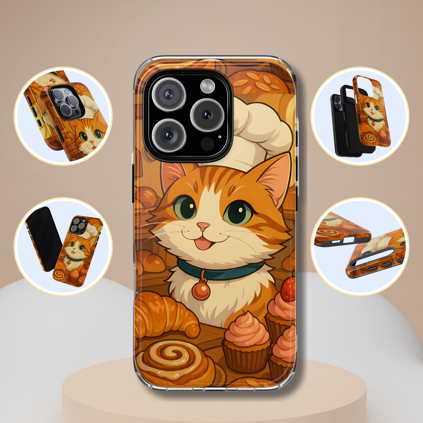Bakery Cat Phone Case - Kawaii Pastry Chef Kitty, Cute Foodie Aesthetic Tough Phone Case, Compatible with iPhone, Galaxy, Google Phones