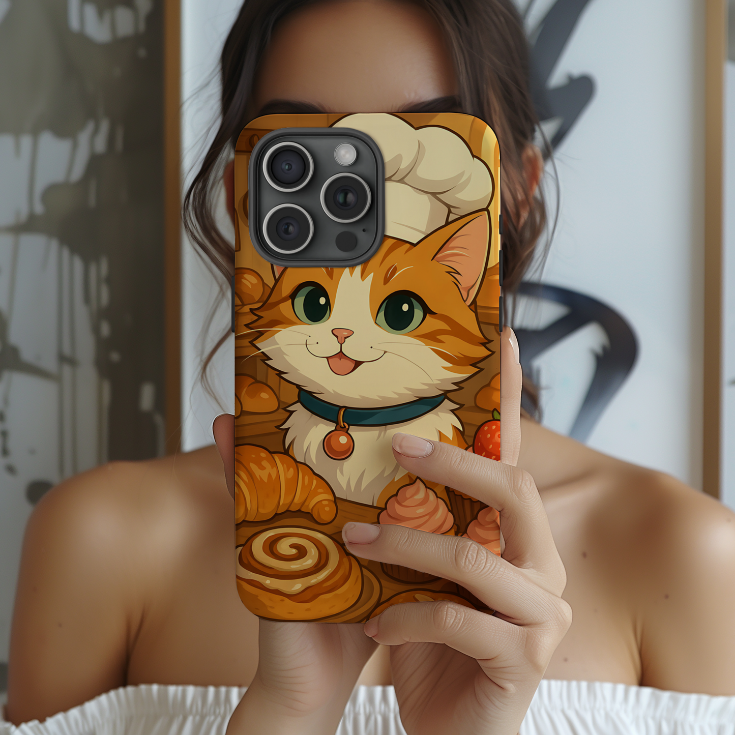 Bakery Cat Phone Case - Kawaii Pastry Chef Kitty, Cute Foodie Aesthetic Tough Phone Case, Compatible with iPhone, Galaxy, Google Phones