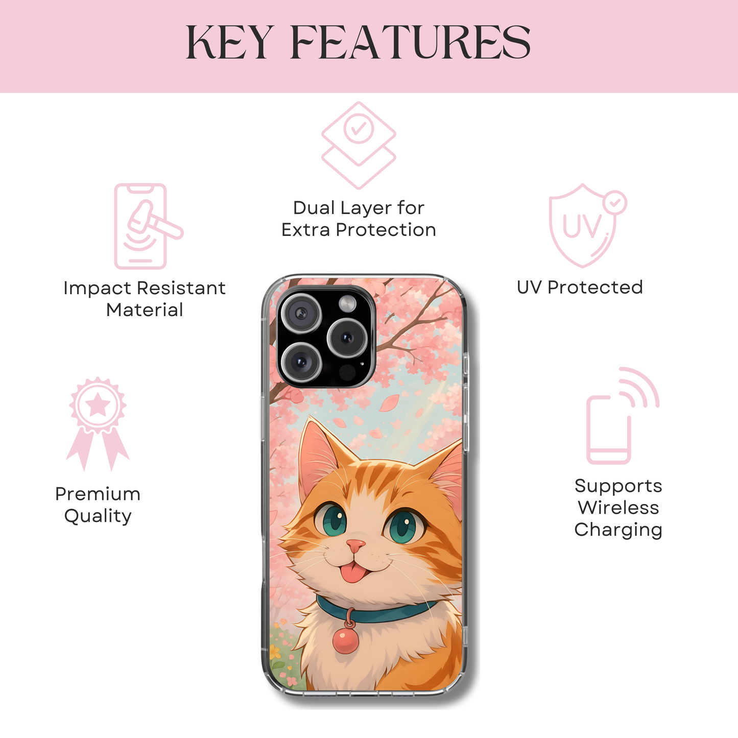 Cherry Blossom Cat Phone Case - Kawaii Anime Kitty, Cute Pastel Aesthetic Gift, Tough Protective Case Compatible with iPhone, Galaxy, Google