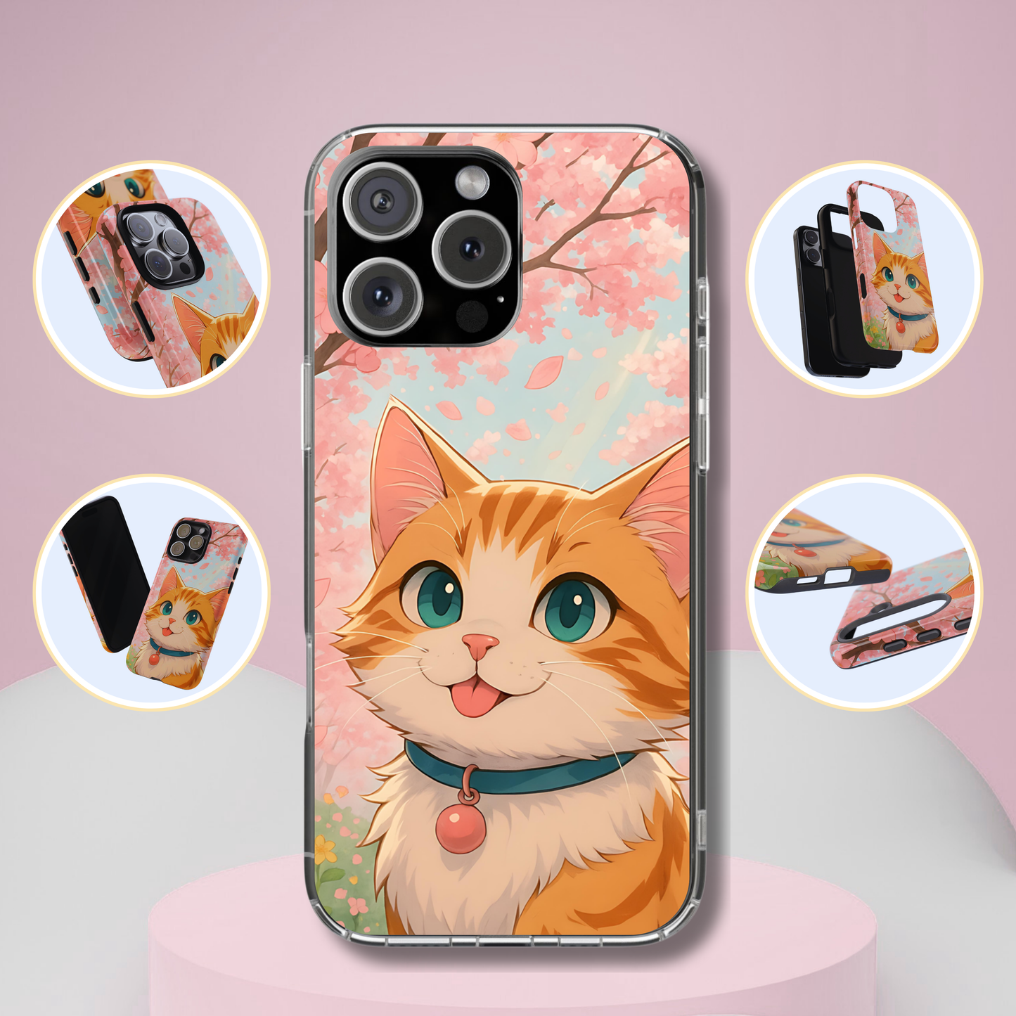 Cherry Blossom Cat Phone Case - Kawaii Anime Kitty, Cute Pastel Aesthetic Gift, Tough Protective Case Compatible with iPhone, Galaxy, Google