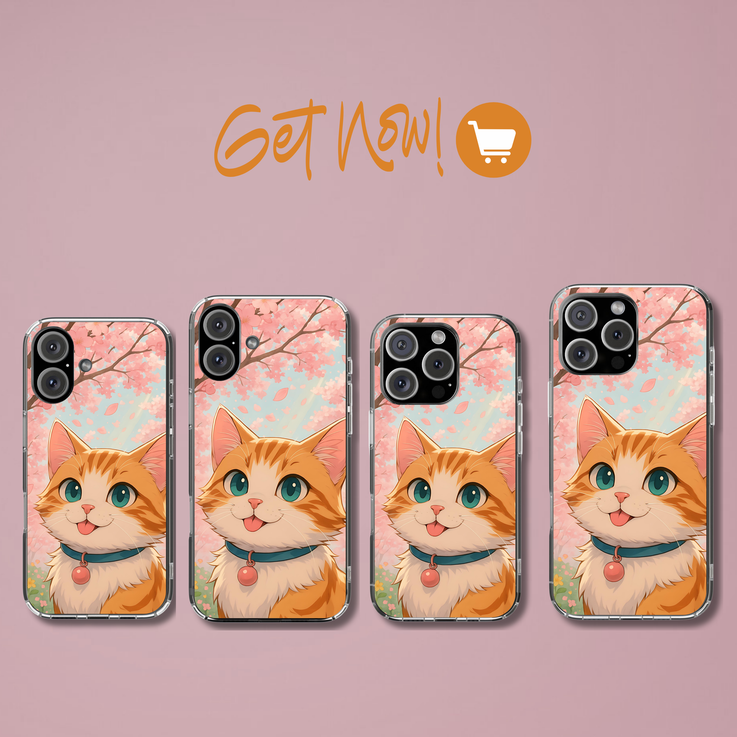 Cherry Blossom Cat Phone Case - Kawaii Anime Kitty, Cute Pastel Aesthetic Gift, Tough Protective Case Compatible with iPhone, Galaxy, Google