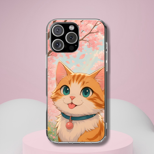 Cherry Blossom Cat Phone Case - Kawaii Anime Kitty, Cute Pastel Aesthetic Gift, Tough Protective Case Compatible with iPhone, Galaxy, Google