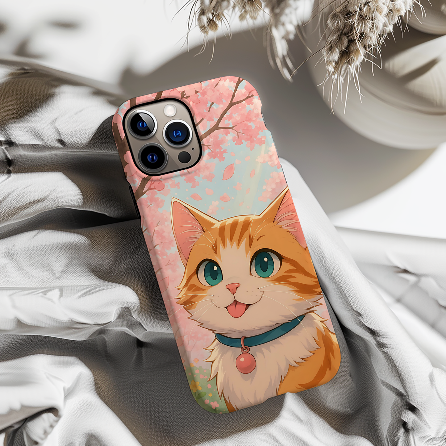 Cherry Blossom Cat Phone Case - Kawaii Anime Kitty, Cute Pastel Aesthetic Gift, Tough Protective Case Compatible with iPhone, Galaxy, Google