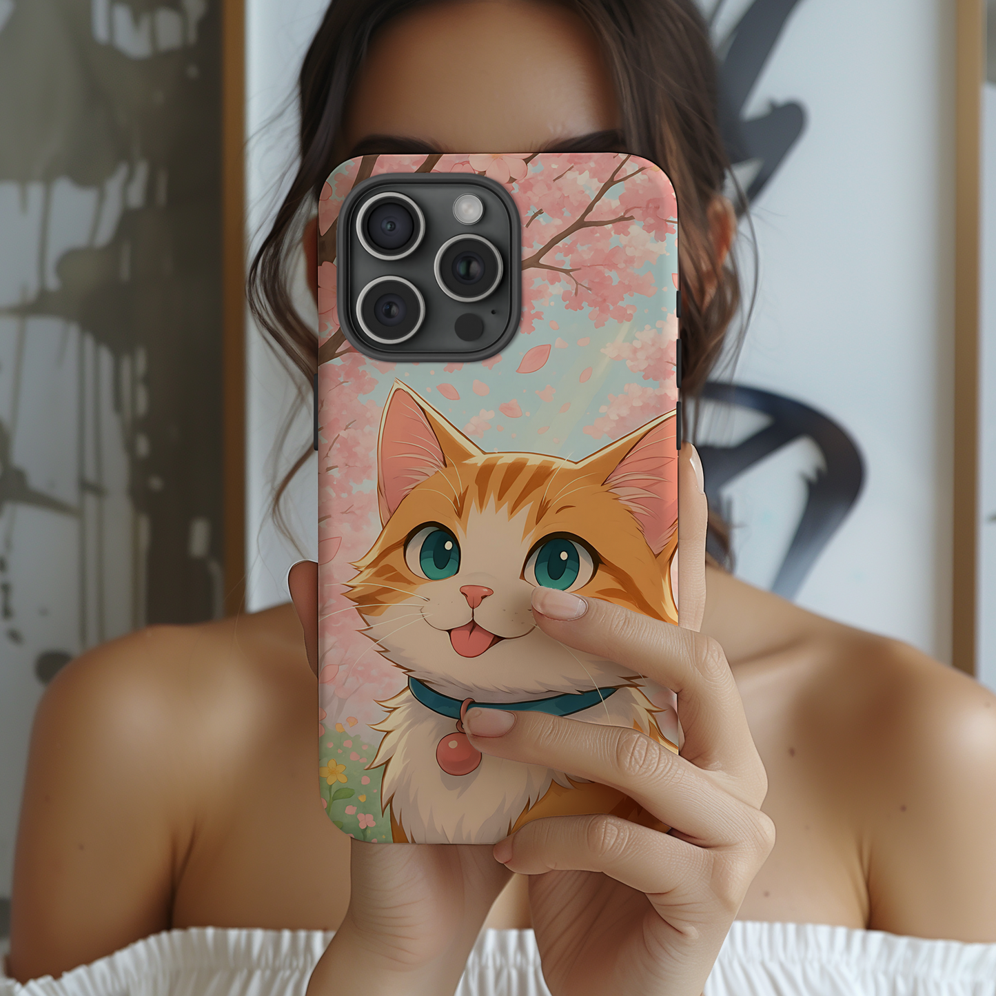 Cherry Blossom Cat Phone Case - Kawaii Anime Kitty, Cute Pastel Aesthetic Gift, Tough Protective Case Compatible with iPhone, Galaxy, Google