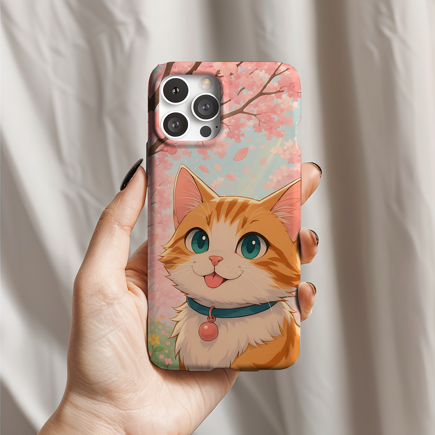 Cherry Blossom Cat Phone Case - Kawaii Anime Kitty, Cute Pastel Aesthetic Gift, Tough Protective Case Compatible with iPhone, Galaxy, Google