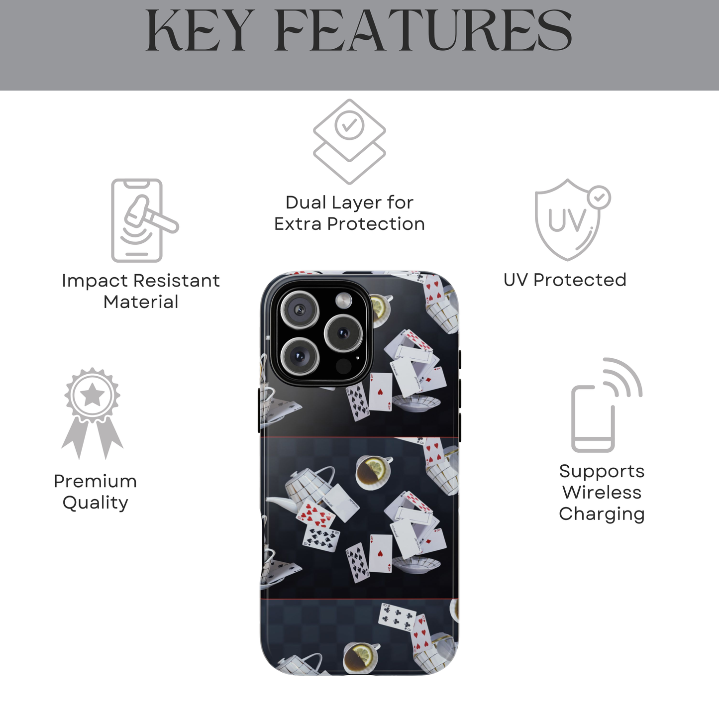 Protective Wonderland phone cover displaying the “This Way” and “That Way” signs from Alice’s adventures. Printed edge-to-edge with dual-layer construction for iPhone 16, iPhone 17, Galaxy, and Google Pixel.
