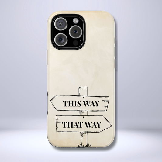 Alice in Wonderland tough phone case featuring the whimsical “This Way” and “That Way” signpost from the classic story. This dual-layer design protects iPhone 16, iPhone 17, Galaxy, and Google Pixel phones while keeping a vintage book-inspired aesthetic.
