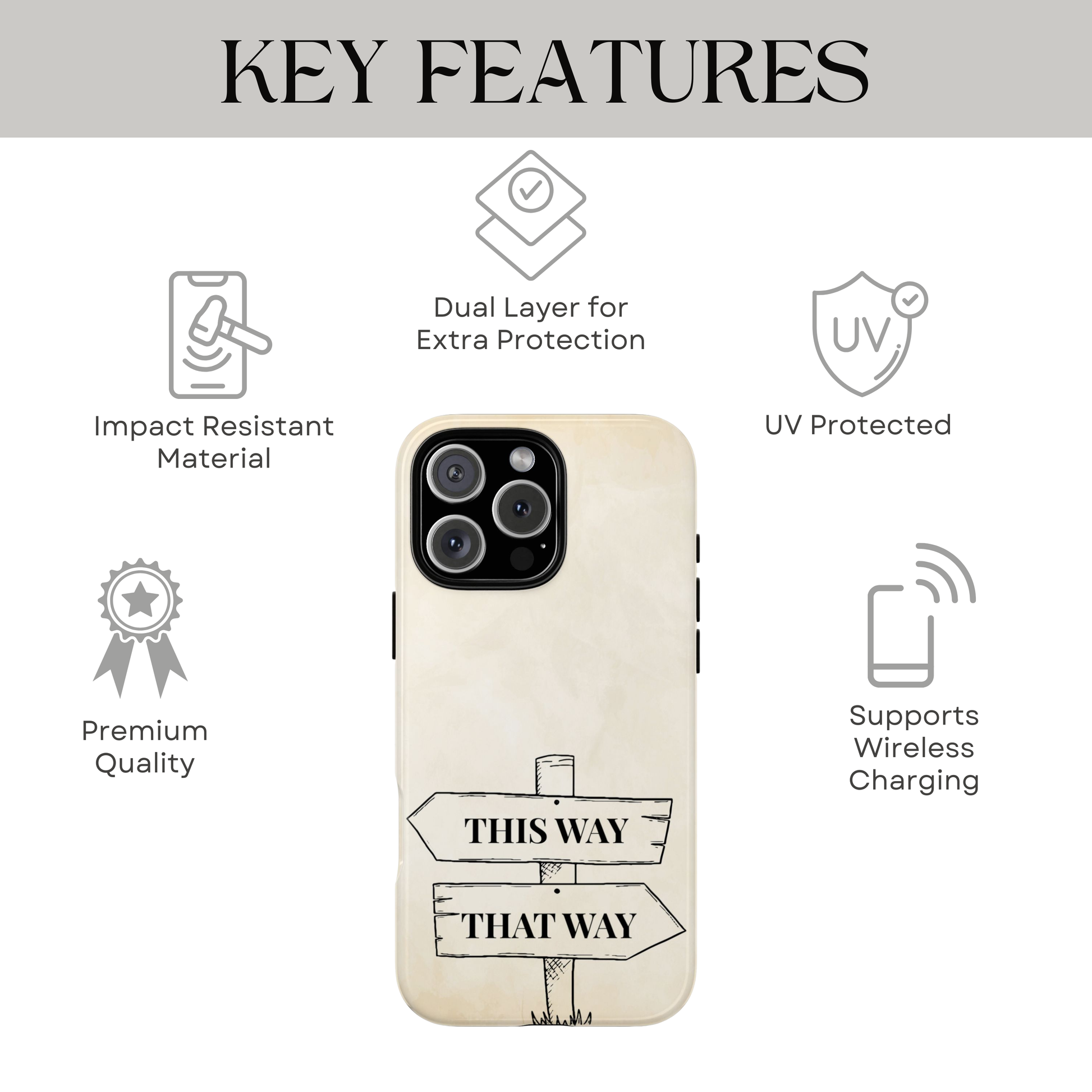 Protective Wonderland phone cover displaying the “This Way” and “That Way” signs from Alice’s adventures. Printed edge-to-edge with dual-layer construction for iPhone 16, iPhone 17, Galaxy, and Google Pixel.
