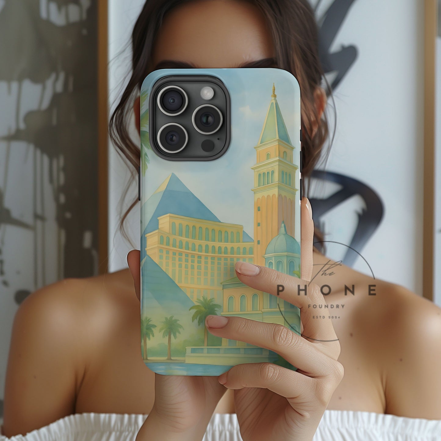 Cityscape Tough Phone Case, Las Vegas Strip Skyline Phone Cover, Pastel Day Design, Compatible with iPhone, Galaxy & Google
