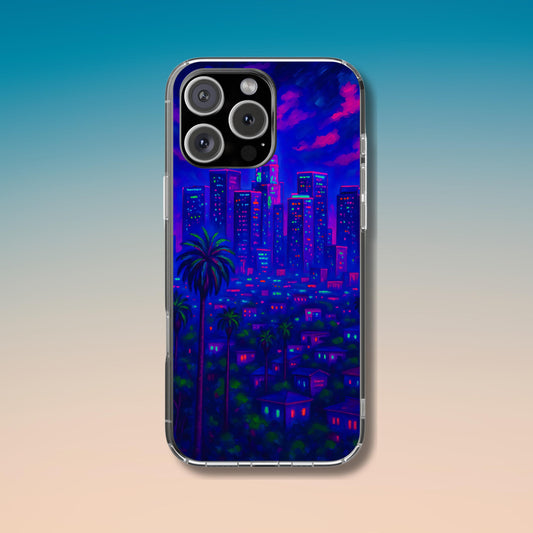 Los Angeles Cityscape Tough Phone Case - Neon Night Skyline, Sunset Urban Art, California Aesthetic, Compatible with iPhone, Galaxy, Google