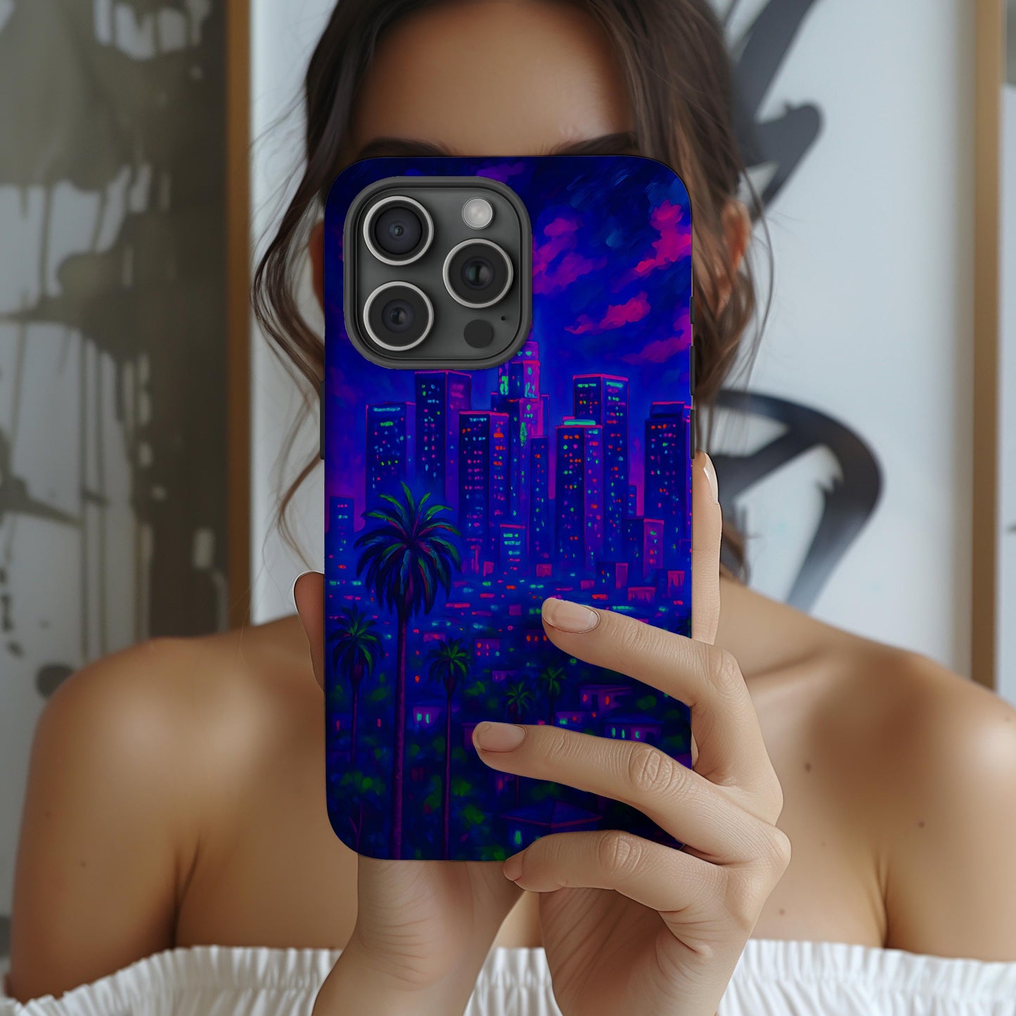 Los Angeles Cityscape Tough Phone Case - Neon Night Skyline, Sunset Urban Art, California Aesthetic, Compatible with iPhone, Galaxy, Google