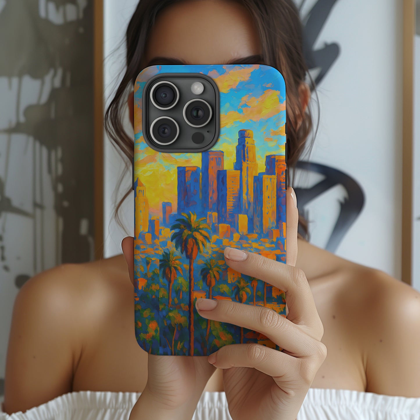 Cityscape Tough Phone Case, Los Angeles Skyline Phone Cover, Sunset Glow Design Compatible with iPhone, Galaxy & Google
