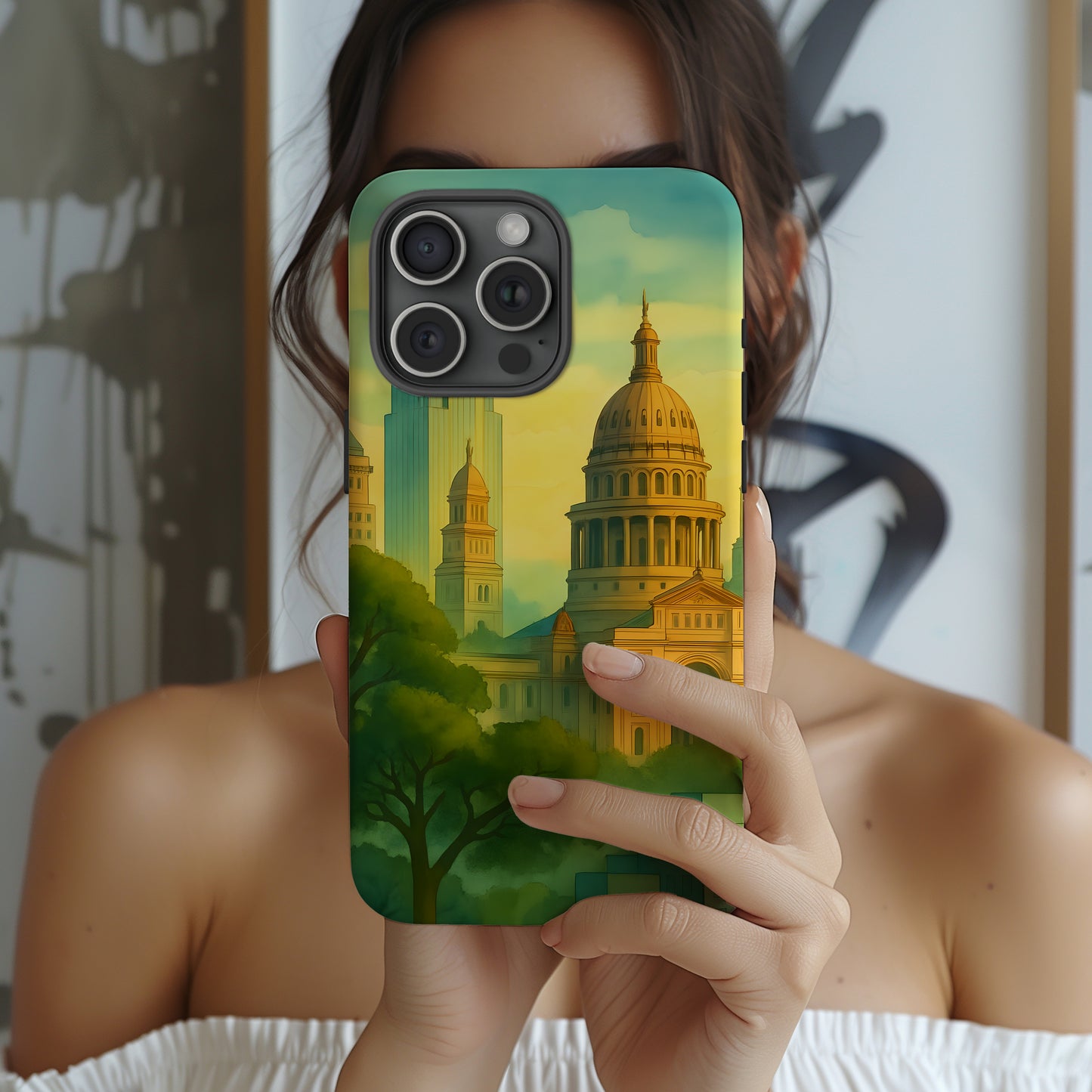 Cityscape Tough Phone Case, Austin Skyline Phone Cover, Watercolor Design Compatible with iPhone, Galaxy & Google