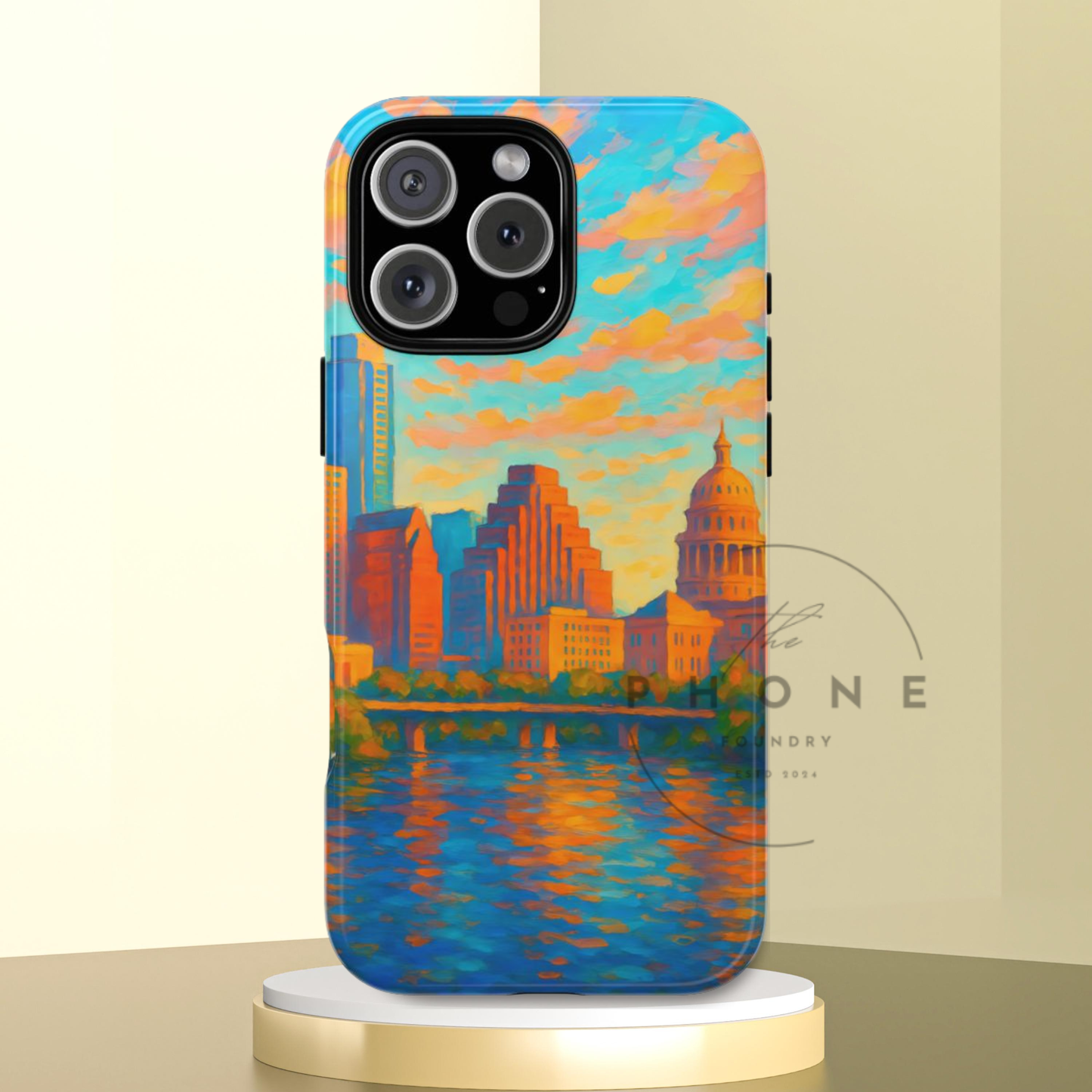 Cityscape Tough Phone Case, Austin Texas Skyline Phone Cover, Sunset Glow Design Compatible with iPhone, Galaxy & Google
