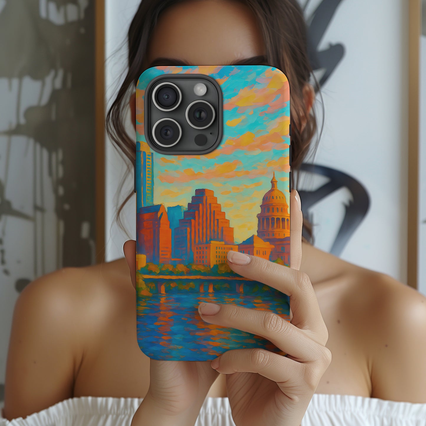Cityscape Tough Phone Case, Austin Texas Skyline Phone Cover, Sunset Glow Design Compatible with iPhone, Galaxy & Google