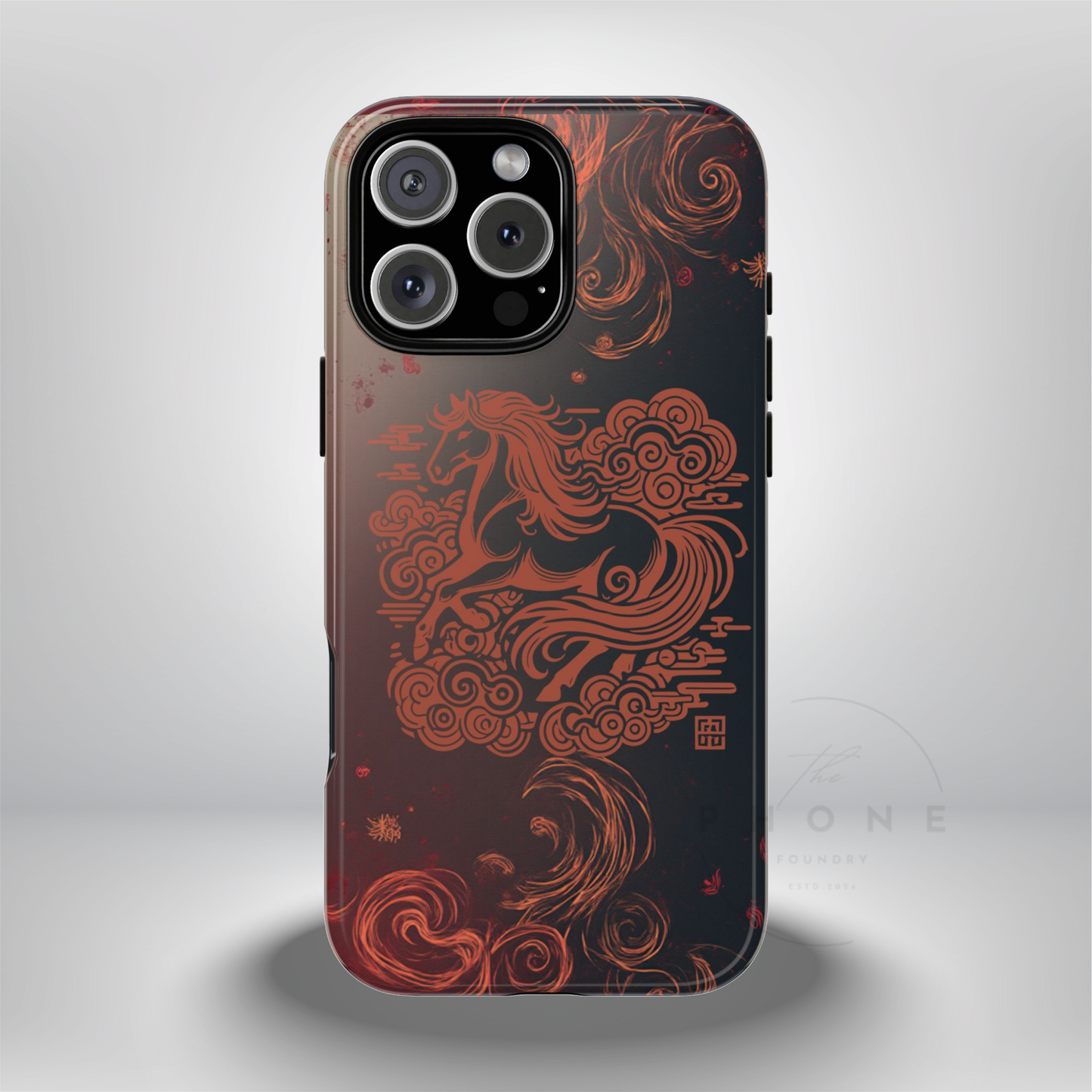 Year of the Horse Floral Art Tough Phone Case, Chinese Zodiac 2026 Design, compatible with iPhone 17 16 15 14 13 Galaxy Google