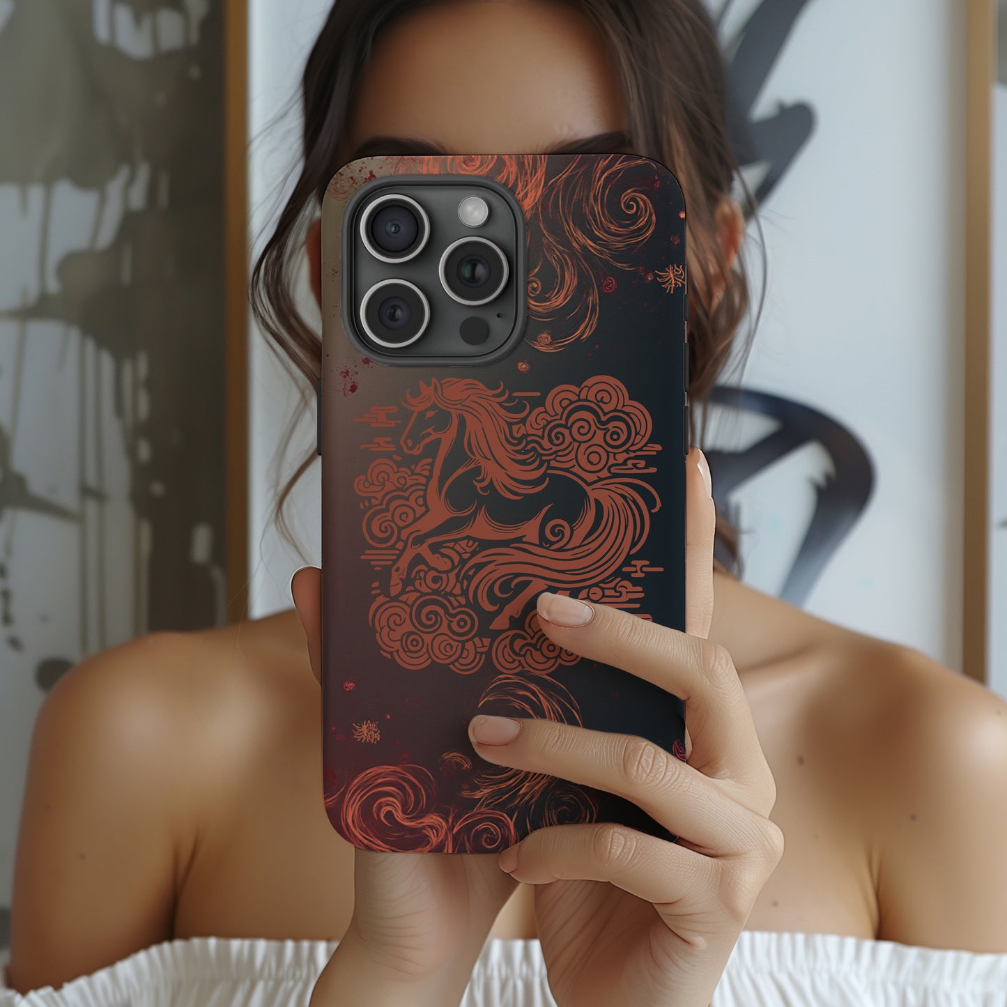 Year of the Horse Floral Art Tough Phone Case, Chinese Zodiac 2026 Design, compatible with iPhone 17 16 15 14 13 Galaxy Google
