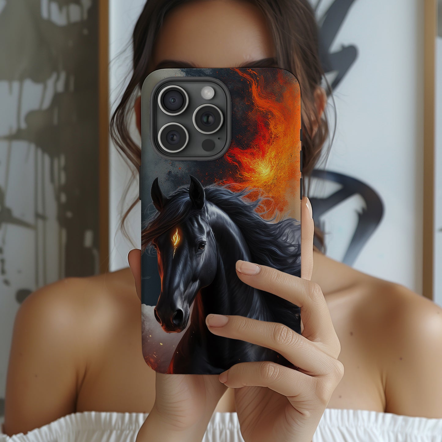 Year of the Horse Black Art Tough Phone Case, Chinese Zodiac 2026 Design, compatible with iPhone 17 16 15 14 13 Galaxy Google