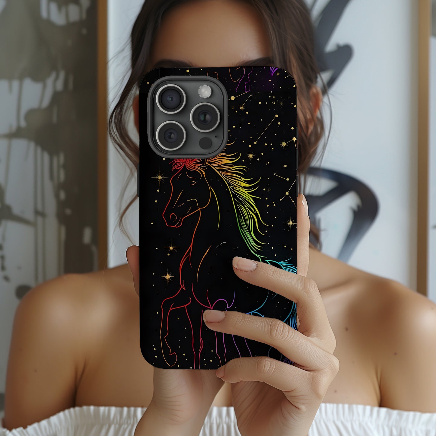 Year of the Horse Neon Art Tough Phone Case, Chinese Zodiac 2026 Design, compatible with iPhone 17 16 15 14 13 Galaxy Google