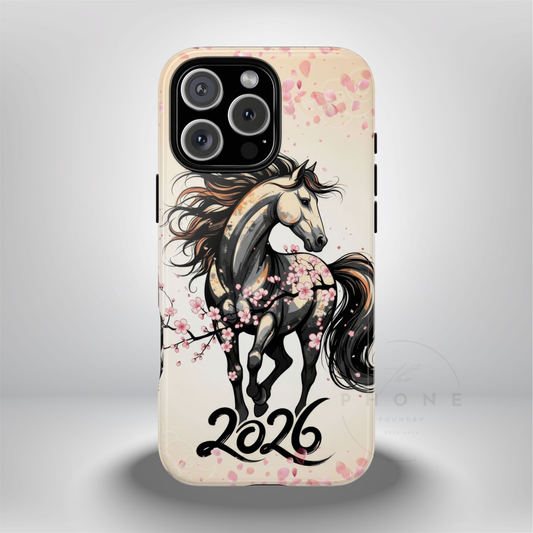Year of the Horse Floral Art Tough Phone Case, Chinese Zodiac 2026 Design, compatible with iPhone 17 16 15 14 13 Galaxy Google