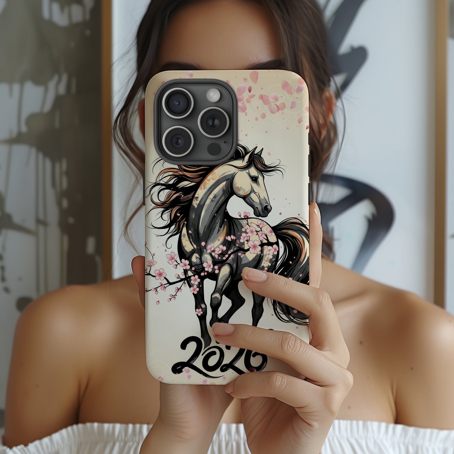 Year of the Horse Floral Art Tough Phone Case, Chinese Zodiac 2026 Design, compatible with iPhone 17 16 15 14 13 Galaxy Google