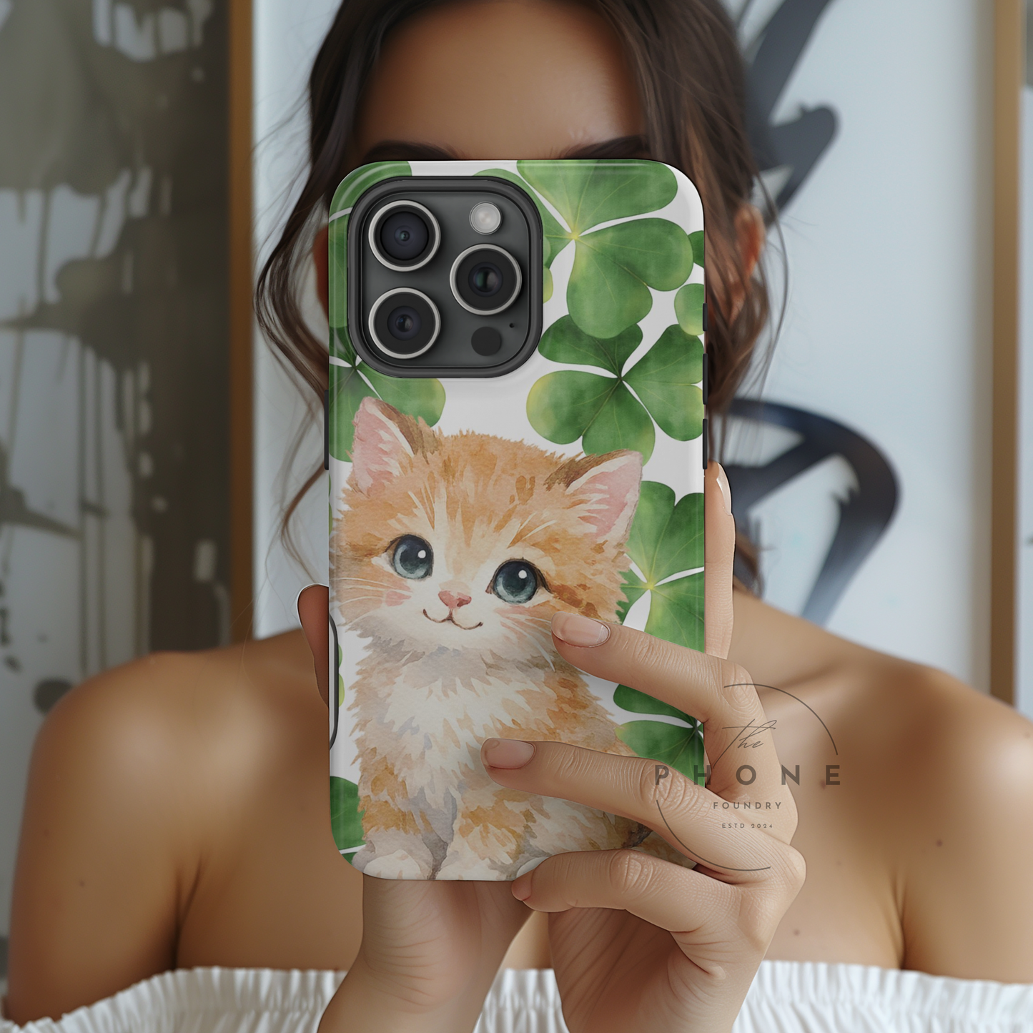 Ginger Kitten Magnetic Phone Case, St Patricks Day Cat Art with Shamrocks, Irish Cat Gift Compatible with iPhone 17, 16, 15, 14, 13