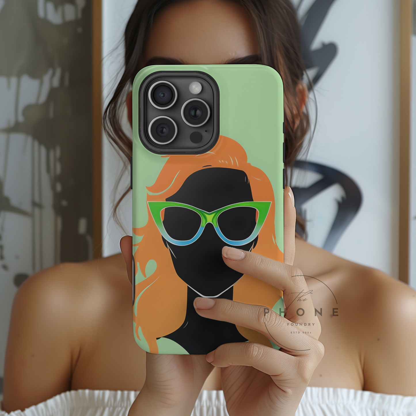 Ginger Woman Magnetic Phone Case, Irish Green Sunglasses Portrait, St Patricks Day Redhead Art Cover Compatible with iPhone