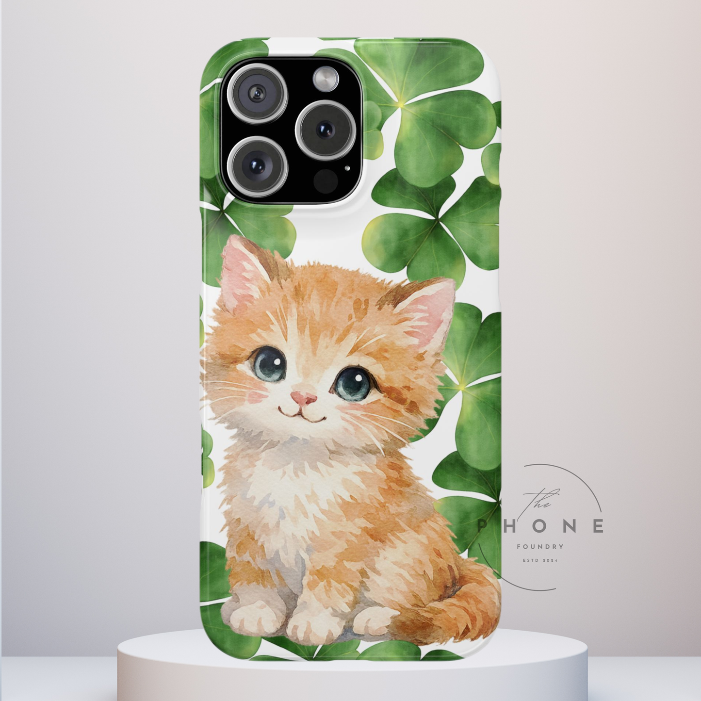 Ginger Kitten Slim Phone Case, St Patricks Day Cat Art with Shamrocks, Irish Cat Gift Compatible with iPhone 17, 16, 15, 14, 13, 12, 11