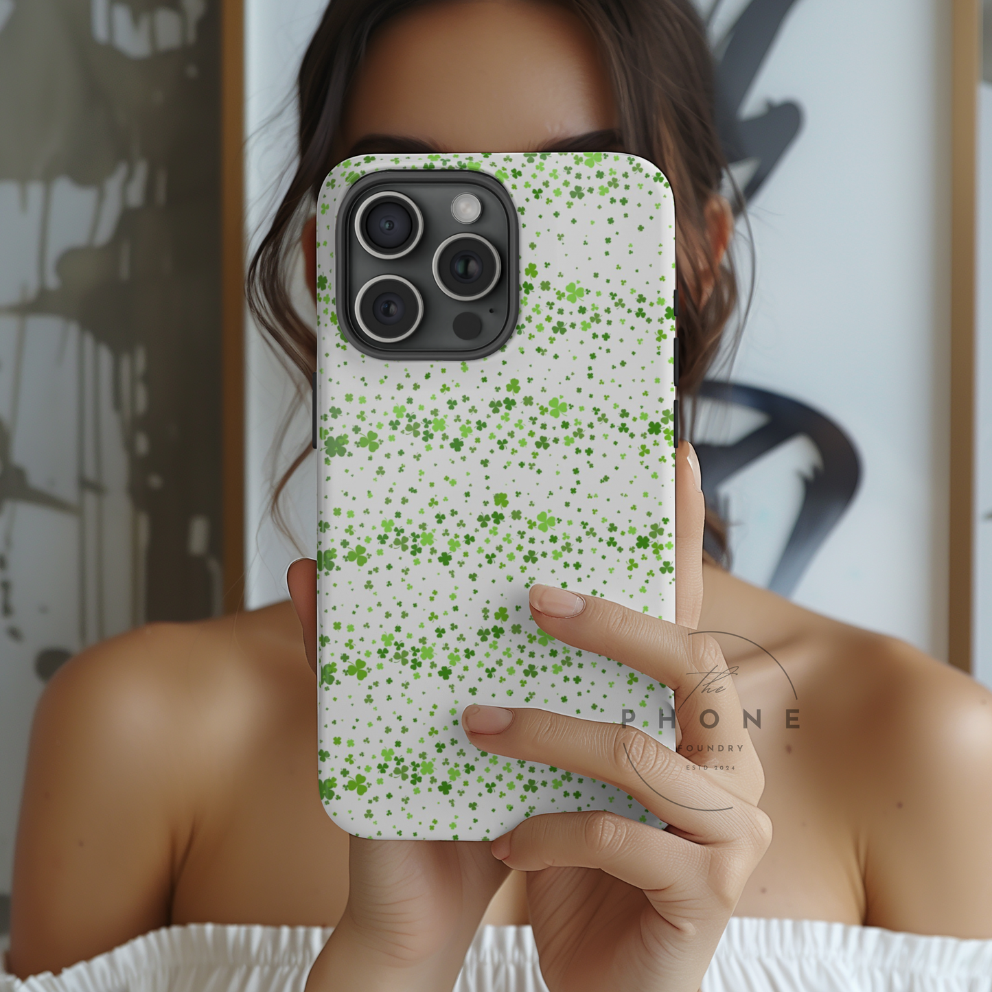 Shamrock Slim Phone Case, Minimal St Patricks Day Clover Pattern, Irish Green Cover Compatible with iPhone 17, 16, 15, 14, 13, 12, 11