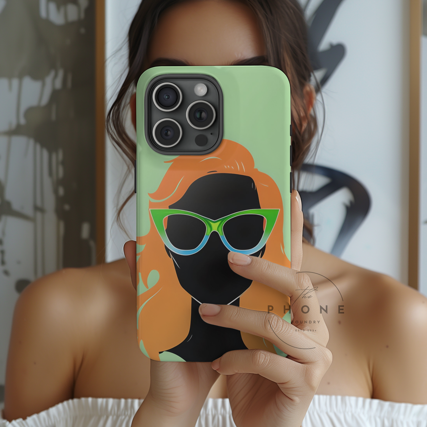 Ginger Woman Slim Phone Case, Irish Green Sunglasses Portrait, St Patricks Day Redhead Art Cover Compatible with iPhone