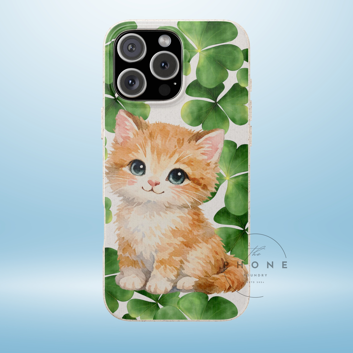 Ginger Kitten Biodegradable Phone Case, St Patricks Day Cat Art with Shamrocks, Irish Cat Gift Compatible with iPhone