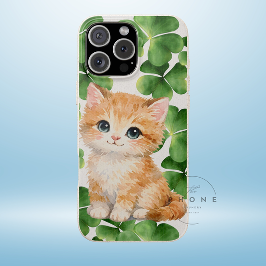 Ginger Kitten Biodegradable Phone Case, St Patricks Day Cat Art with Shamrocks, Irish Cat Gift Compatible with iPhone