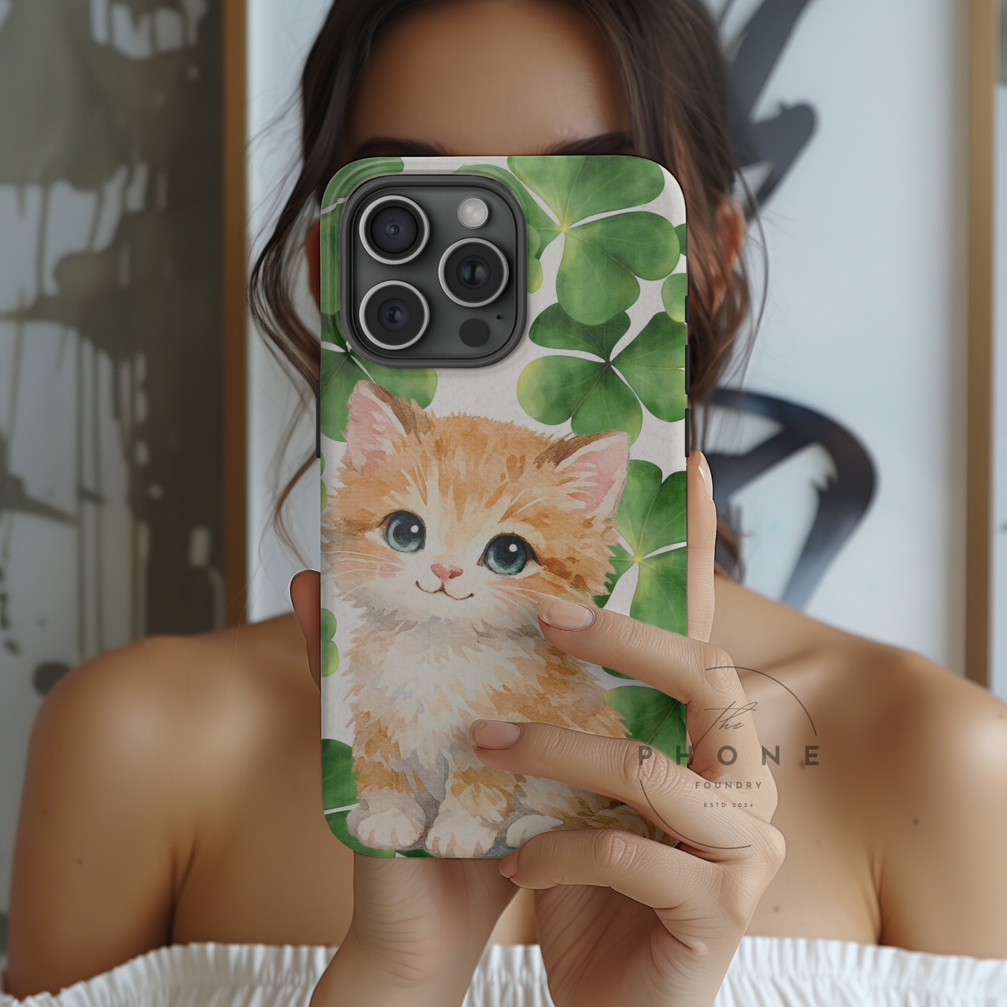 Ginger Kitten Biodegradable Phone Case, St Patricks Day Cat Art with Shamrocks, Irish Cat Gift Compatible with iPhone