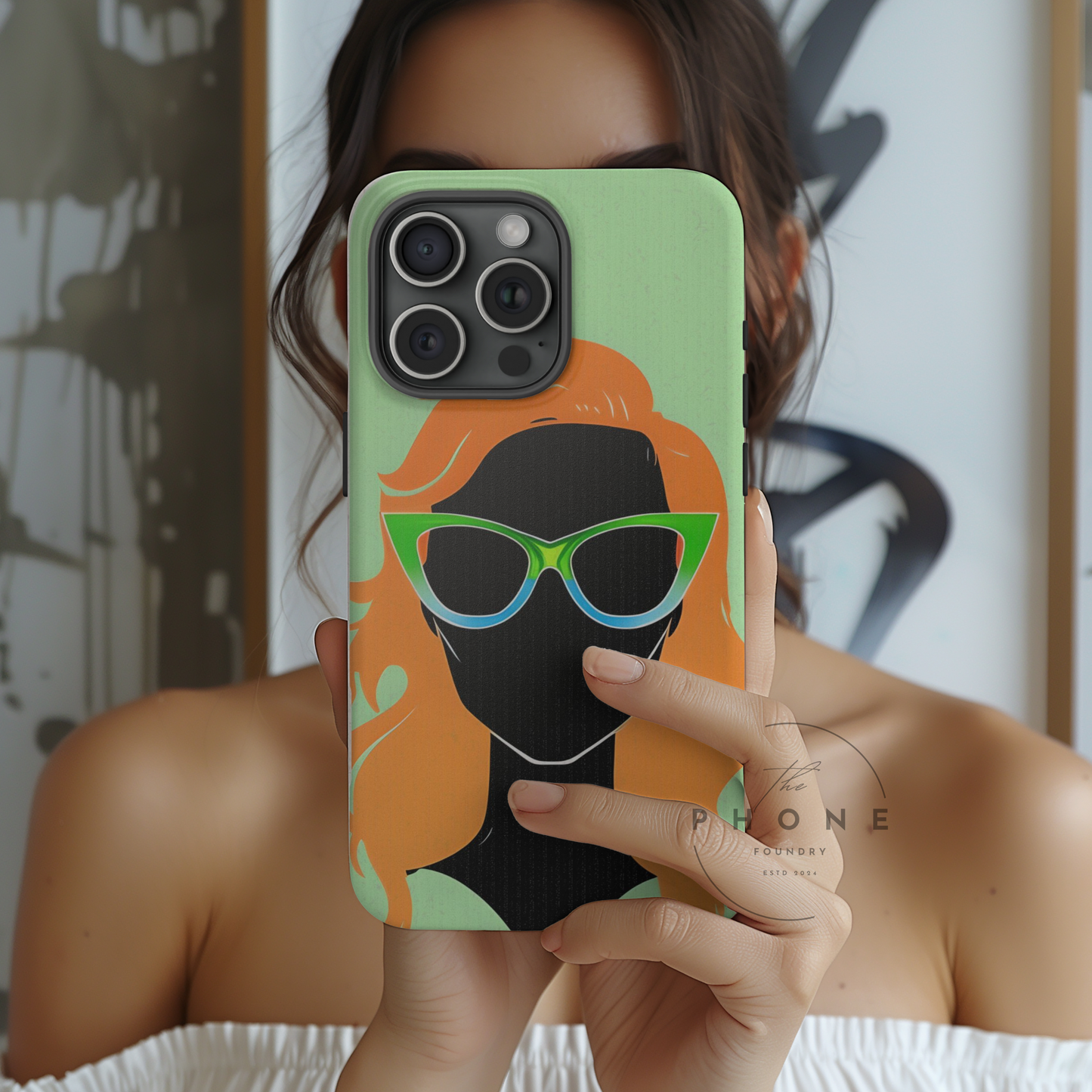 Ginger Woman Biodegradable Phone Case, Irish Green Sunglasses Portrait, St Patricks Day Redhead Art Cover Compatible with iPhone