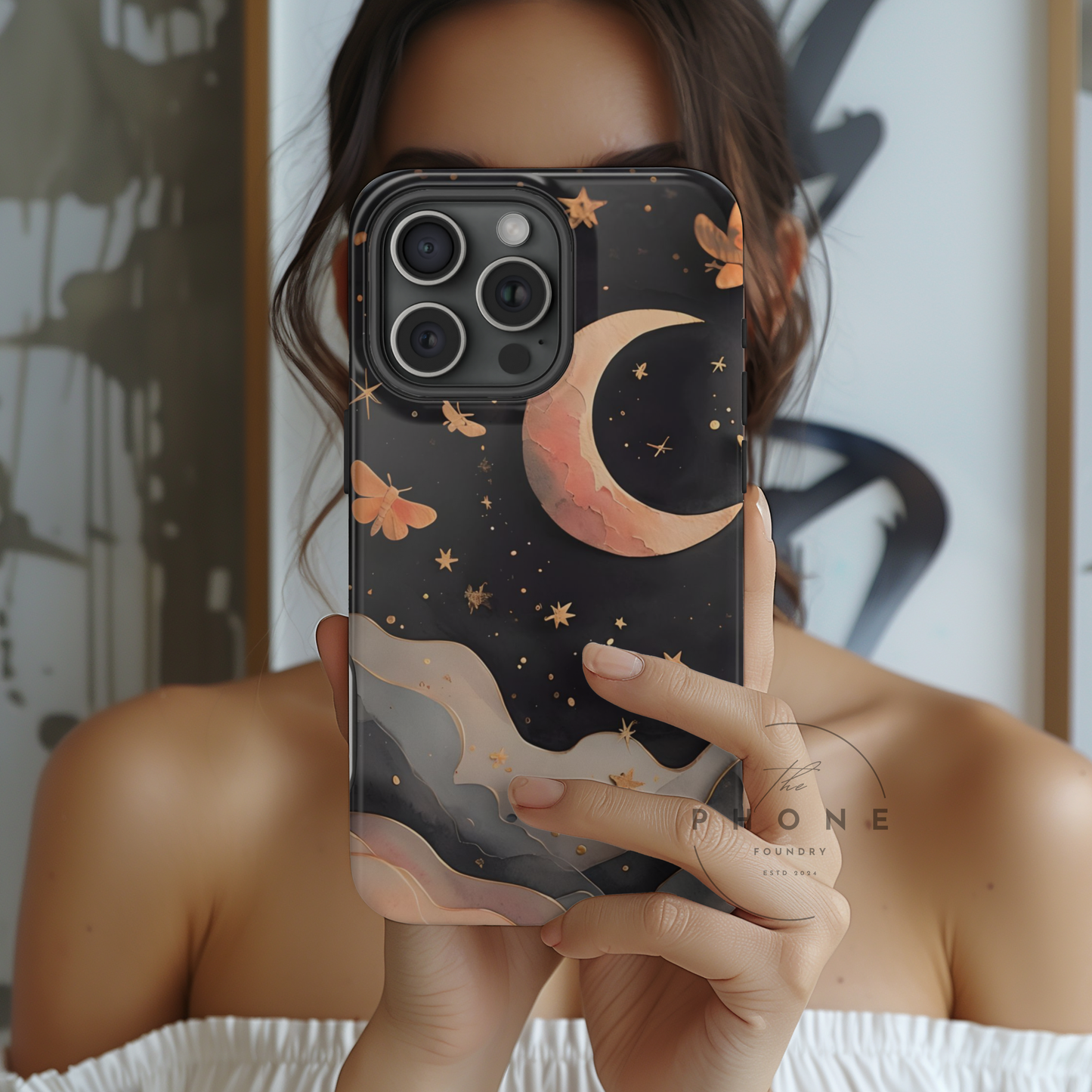 Moonlit Dream Tough Phone Case, Night Sky Art, Celestial Design, Moon Lovers, Compatible with iPhone 17, 16, 15, 14, 13, Galaxy, Google