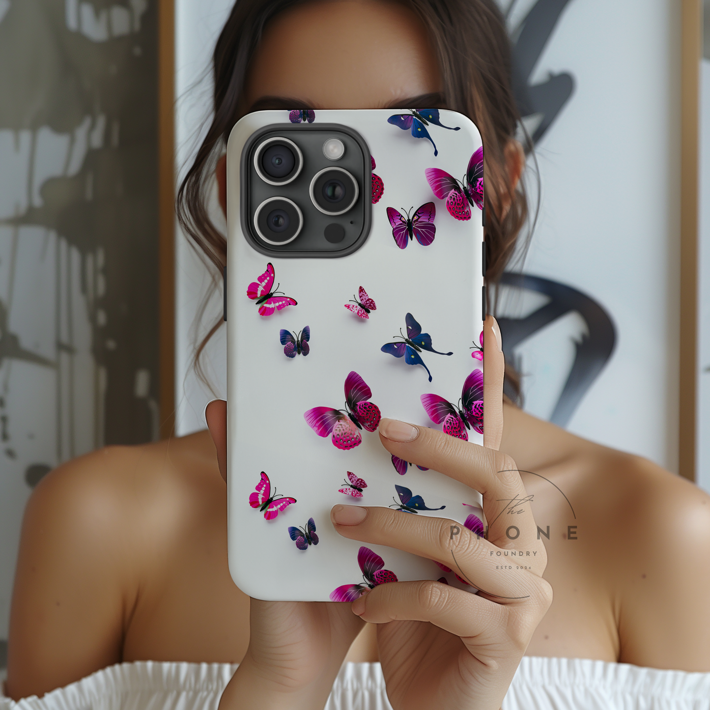 3D Style Butterfly Pattern Tough Phone Case, Coquette Insect Art and Nature, Compatible with iPhone, Galaxy, Google