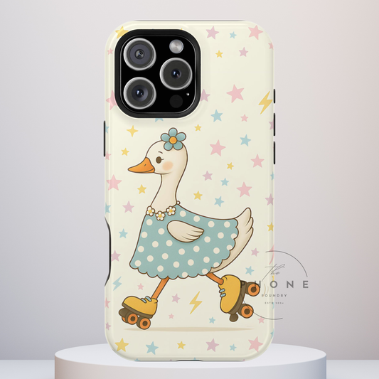Roller Skating Goose Tough Phone Case, Retro Kawaii Animal, Silly Goose Compatible with iPhone, Galaxy, Google