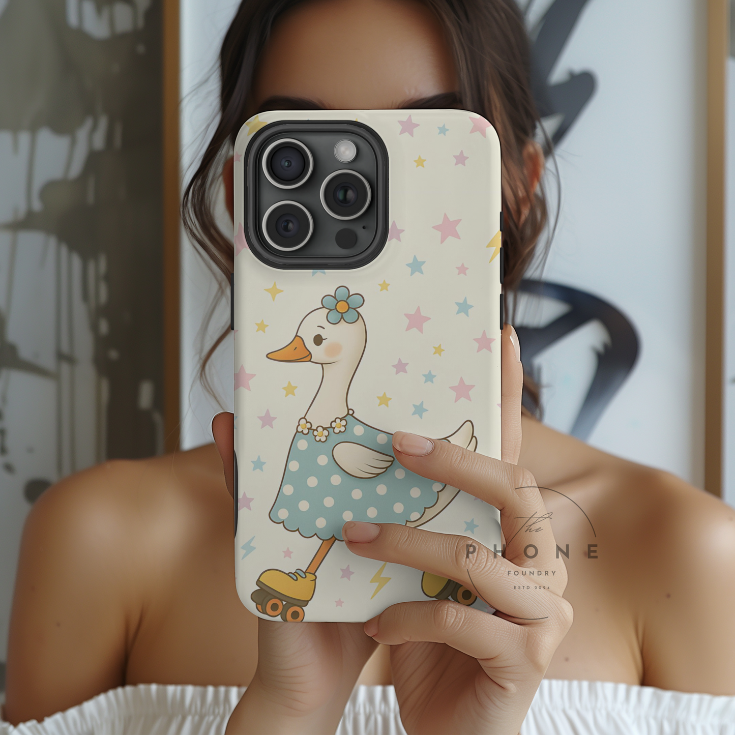 Roller Skating Goose Tough Phone Case, Retro Kawaii Animal, Silly Goose Compatible with iPhone, Galaxy, Google