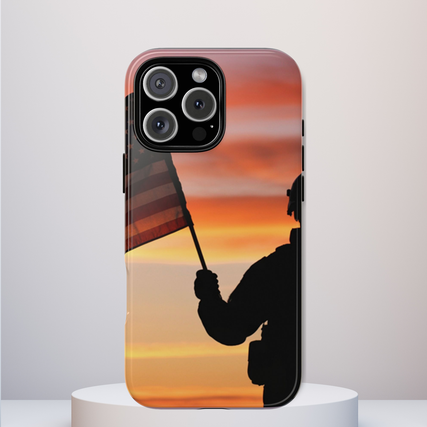 Sunset Soldier Veteran Flag Tough Phone Case, American Grunge USA Phone Cover, compatible with iPhone 17, 16, 15, 14, 13, Galaxy, Google
