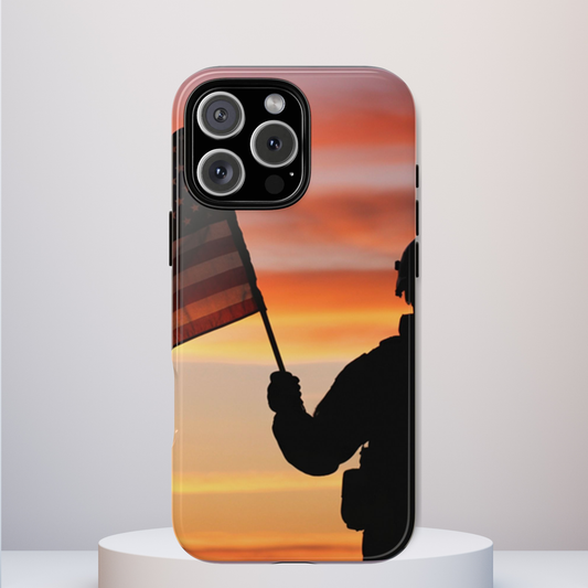 Sunset Soldier Veteran Flag Tough Phone Case, American Grunge USA Phone Cover, compatible with iPhone 17, 16, 15, 14, 13, Galaxy, Google