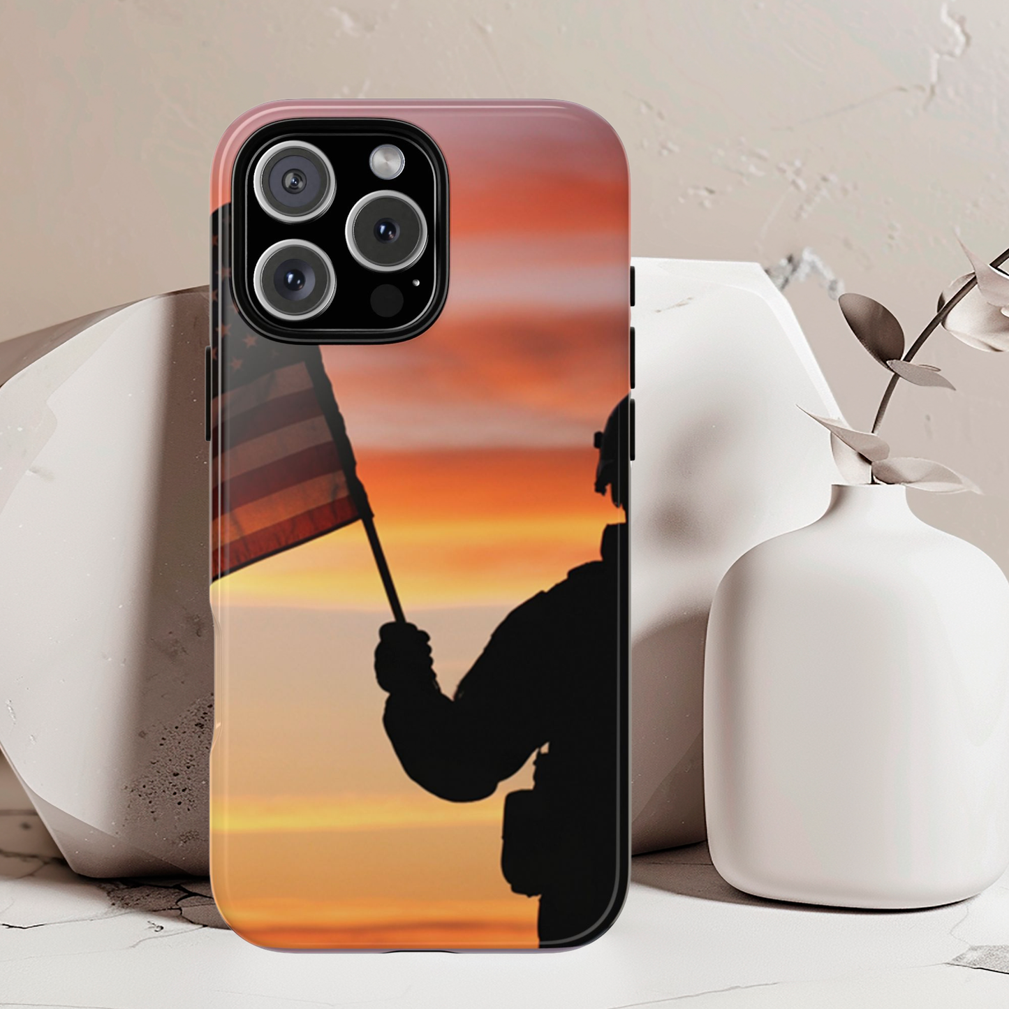 Sunset Soldier Veteran Flag Tough Phone Case, American Grunge USA Phone Cover, compatible with iPhone 17, 16, 15, 14, 13, Galaxy, Google